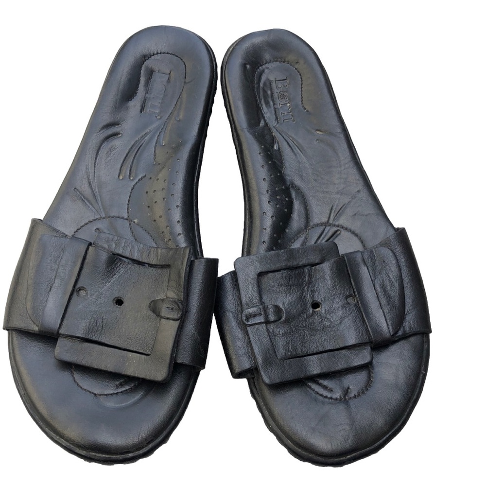 Born Black Leather Slide Buckle Sandals. Size 9.